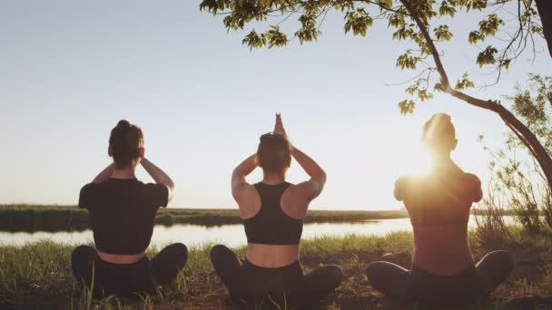 Silhouette Diverse Group Three Female Together Going Sitting Lotus Namaste — Wideo stockowe