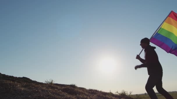 Dark Silhouette Man Carrying Rainbow Lgbt Flag Symbol Pride Community — 비디오