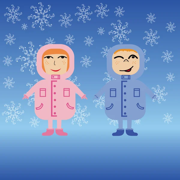 Couple of children in winter jackets with snowflakes — Stock Photo, Image