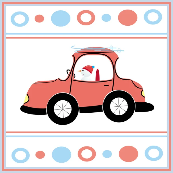 Snowman in a car going to ski — Stock Vector