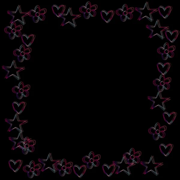 Cadre avec des fleurs drôles et brillantes coeurs et étoiles sur un b noir — Image vectorielle