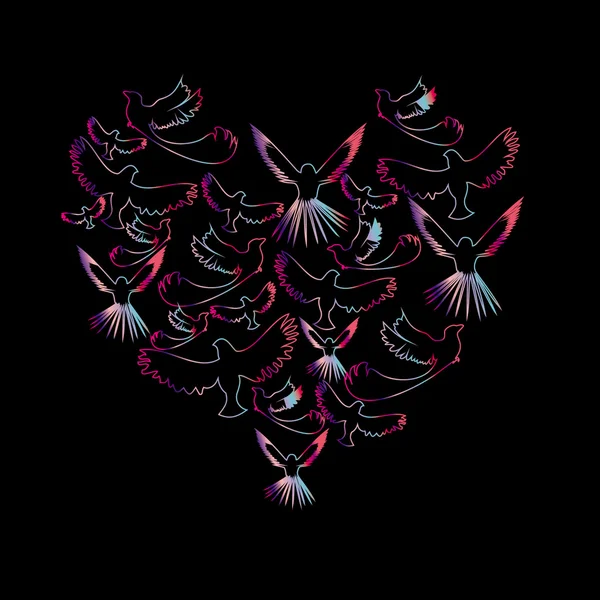 Aves en el contorno del corazón — Vector de stock