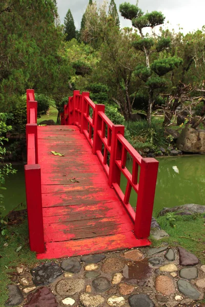 Puente Rojo Jardín Japonés Estilo Japonés Clásico —  Fotos de Stock