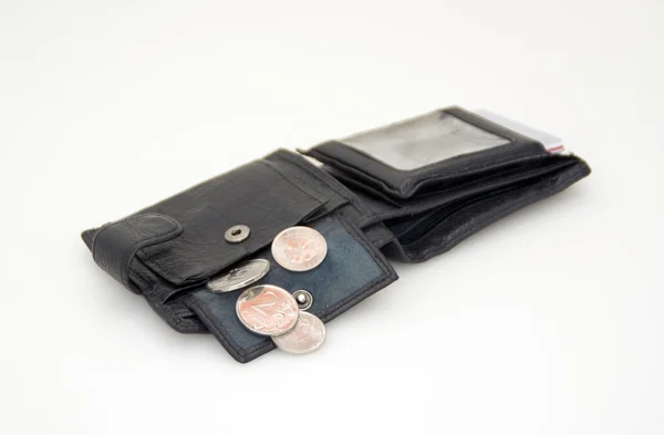 Almost empty wallet and some coins — Stock Photo, Image