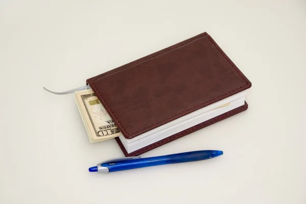 Diário dólares e caneta — Fotografia de Stock