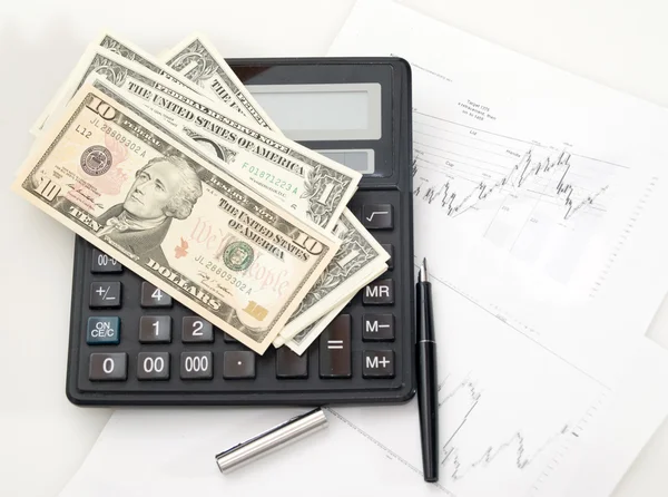 Chart, calculator, pen. Dollars. — Stock Photo, Image