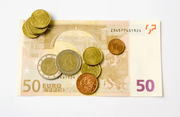 Euro banknote and coins — Stock Photo, Image