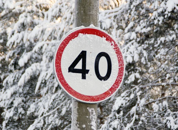 Panneau de limitation de vitesse sur une route forestière — Photo