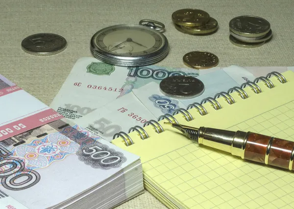 Money, pen and watches — Stock Photo, Image