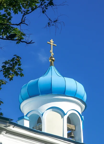 โบสถ์โดมสีฟ้าในท้องฟ้าสีฟ้า — ภาพถ่ายสต็อก
