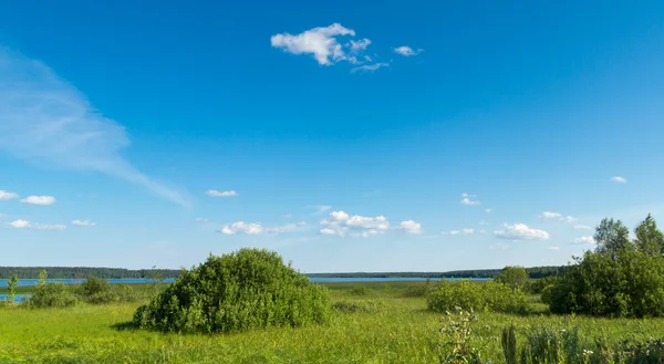 Paisaje de verano de pradera lago y cielo —  Fotos de Stock