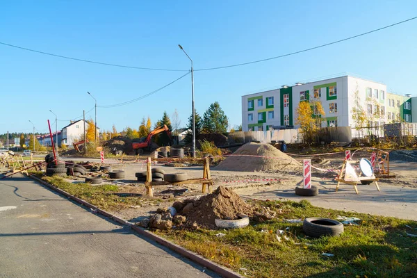 Místo Stavebních Prací Městě Oploceno Páskou — Stock fotografie