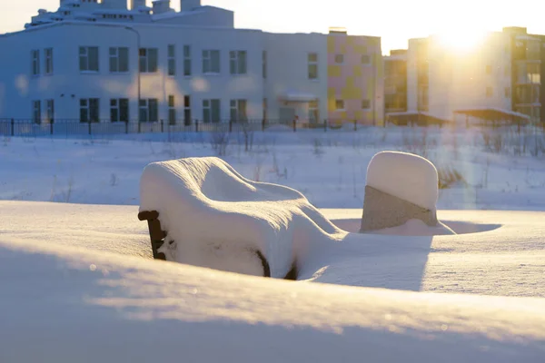 Bench Covered Snow Heavy Snowfall City Street Sunny Day — Stock Photo, Image