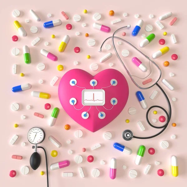 Coração de brinquedo com holter e sensores, estetoscópio, tonômetro, pílulas em um fundo rosa claro. Renderização 3d — Fotografia de Stock