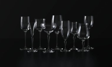 Farklı şekillerde bir sürü şarap kadehi. Karanlık arka plan. 3d oluşturma