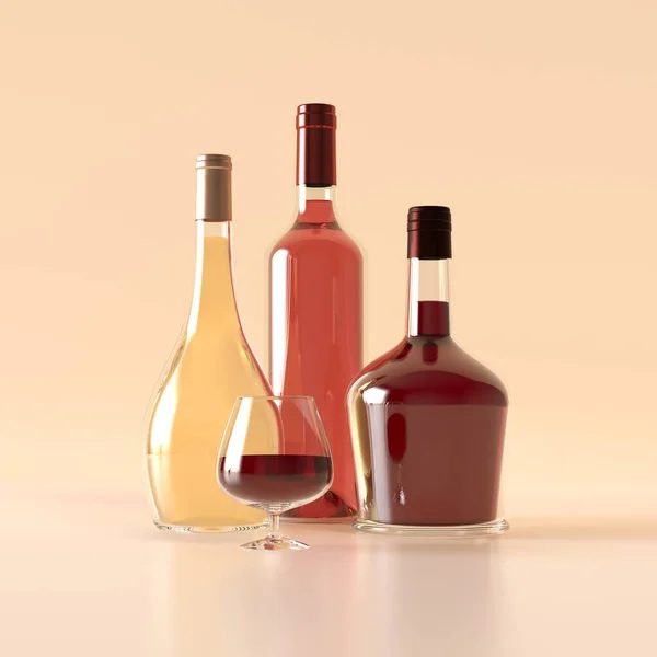Tres botellas de alcohol sin etiquetas. Botella blanca, rosa y coñac, un vaso de coñac. Elemento para el diseño. ilustración 3d — Foto de Stock