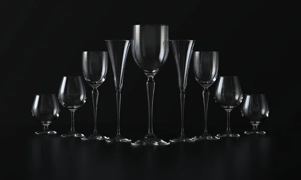 Un montón de copas de vino de diferentes formas. Fondo oscuro. renderizado 3d — Foto de Stock