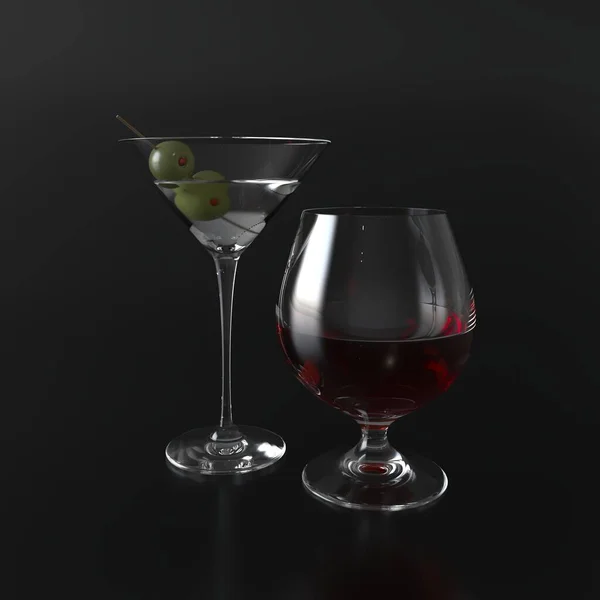 Martini Glass y Alcohol con aceitunas verdes en un pincho, Glass con Brandy. ilustración 3d — Foto de Stock