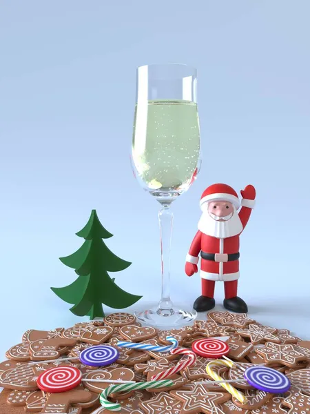 サンタクロースは氷の上に立って、ジンジャーブレッド、キャンディー、シャンパンのガラスの散乱の上に手を振っています。新年のためのアイデア、クリスマスバナー、グリーティングカード、デザイン要素。3Dレンダリング — ストック写真