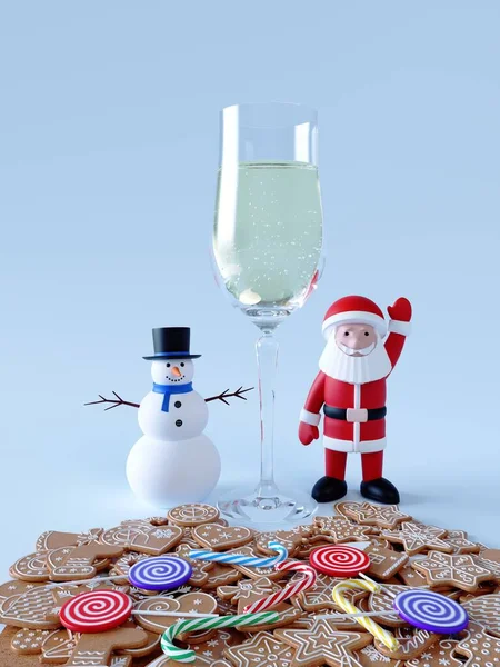 サンタクロース、雪だるま、ジンジャーブレッド、お菓子、スパークリングワインのガラスの散乱。新年のためのアイデア、クリスマスバナー、グリーティングカード、デザイン要素。3Dイラスト — ストック写真
