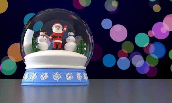 3Dレンダリング。サンタクロース、 2人の雪だるまとクリスマスツリーが入った雪の地球。多色のぼやけた背景 — ストック写真