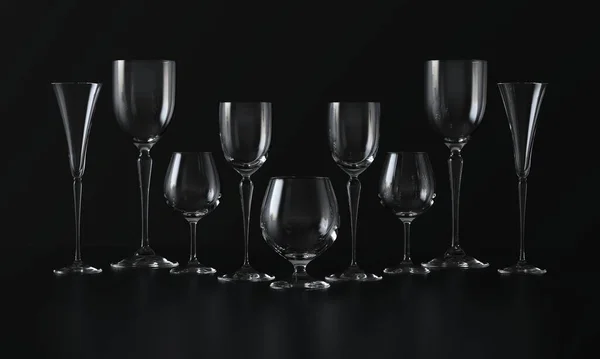 Lots of wine glasses of different shapes. Dark background. 3d rendering — Stock Photo, Image