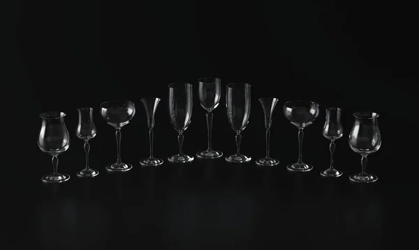 Un montón de copas de vino de diferentes formas. Fondo oscuro. renderizado 3d — Foto de Stock