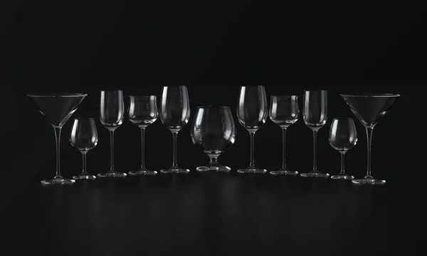 Lots of wine glasses of different shapes. Dark background. 3d rendering — Stock Photo, Image