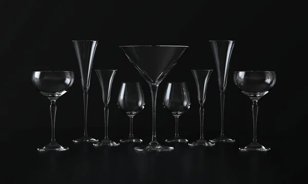 Muitos copos de vinho de diferentes formas. Fundo escuro. Renderização 3d — Fotografia de Stock