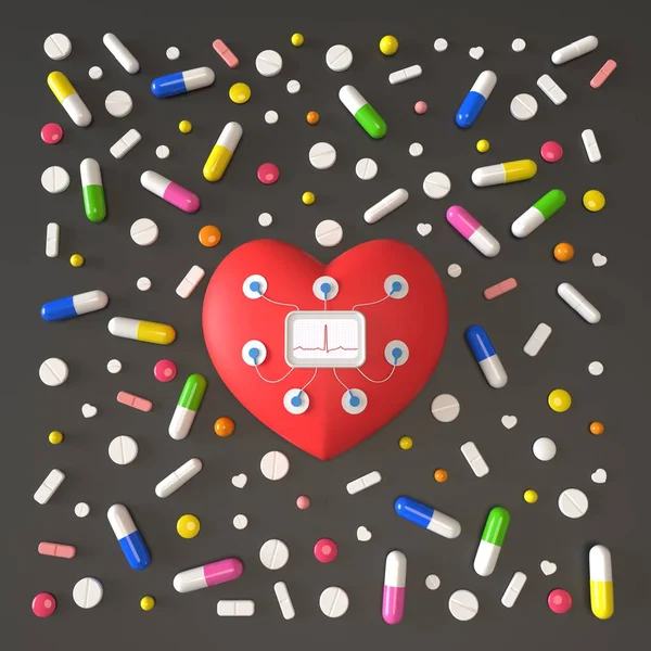 Coração de brinquedo com holter e sensores, pílulas em um fundo cinza escuro. Renderização 3d — Fotografia de Stock