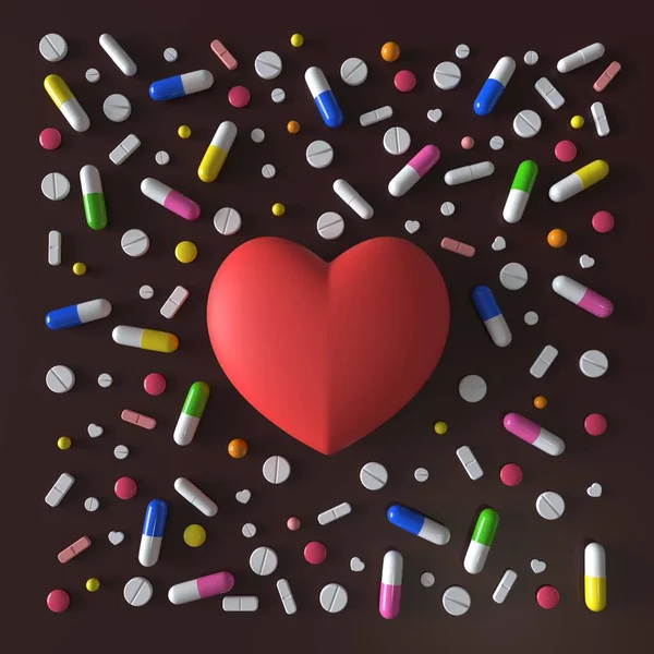 Coração de brinquedo vermelho cercado por pílulas de diferentes formas e cores. Comprimidos. Renderização 3d — Fotografia de Stock