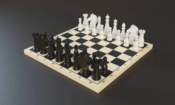 Schachfiguren auf einem Schachbrett auf dunklem Hintergrund. 3D-Darstellung — Stockfoto