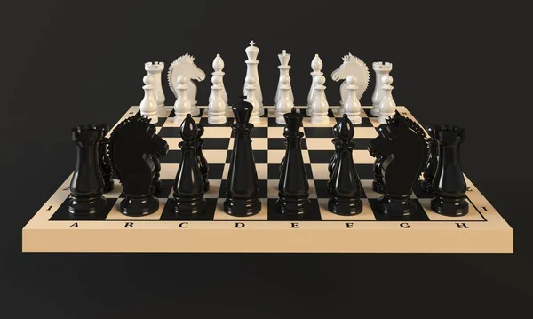 Peças de xadrez em um tabuleiro de xadrez em um fundo escuro. Renderização 3d — Fotografia de Stock