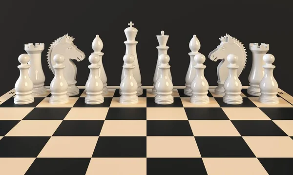 Peças de xadrez em um tabuleiro de xadrez em um fundo escuro. Renderização 3d — Fotografia de Stock