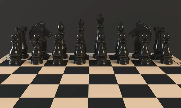 Peças de xadrez preto em um tabuleiro de xadrez em um fundo escuro. Renderização 3d — Fotografia de Stock