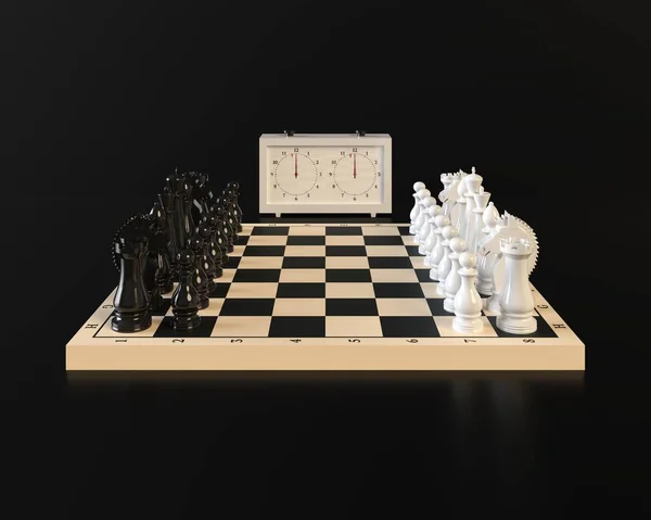 Pièces d'échecs sur un damier, horloge d'échecs sur un fond sombre. Rendu 3d — Photo