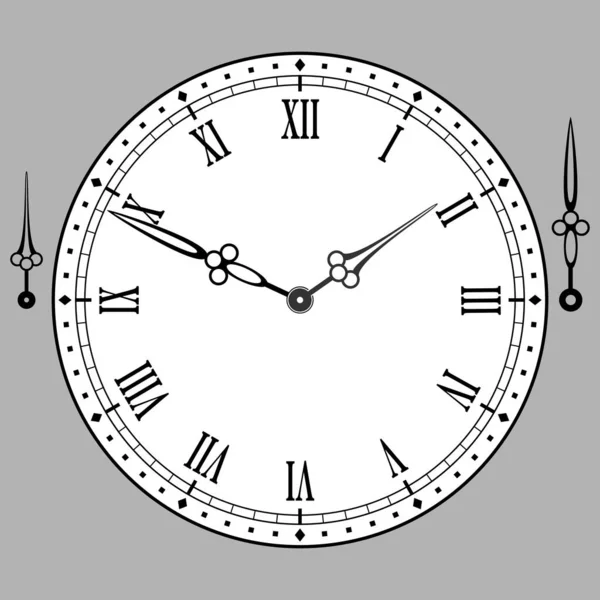 Vintage λευκό ρολόι καντράν με βέλη, ρωμαϊκούς αριθμούς. Εικονογράφηση διανύσματος — Διανυσματικό Αρχείο