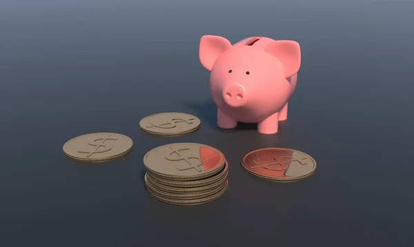 Concept of savings money pig dollar coins on dark background. 3d rendering — Stockfoto