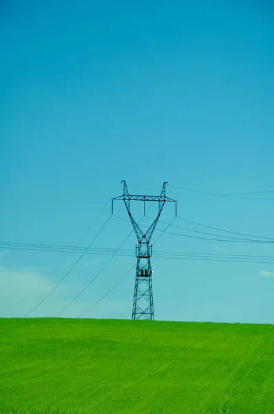 High voltage pylon on the green meadow — Stock Photo, Image