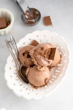 Çikolatalı dondurma topları, gri arka planda beyaz kasede kepçeler.