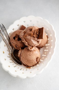 Çikolatalı dondurma topları, gri arka planda beyaz kasede kepçeler.