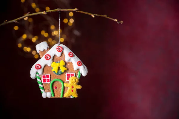 Lebkuchen Haus Schmuck Winter Weihnachtsdekoration Abstrakter Saisonaler Hintergrund — Stockfoto