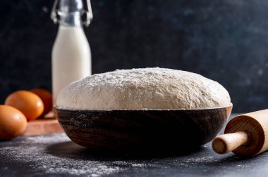 Çiğ ekşi ekmek, ev yapımı süt ve yumurtalı pizzalar için hamur. Hamur malzemeleri.