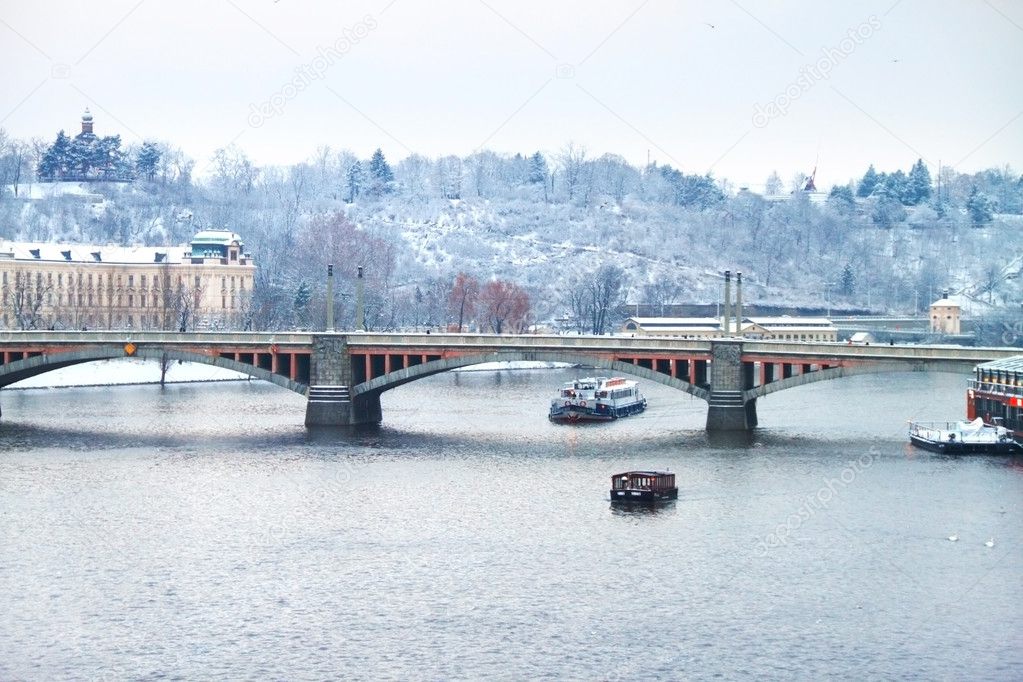 One of Prague bridges over Vltava river, view from Charles bridg