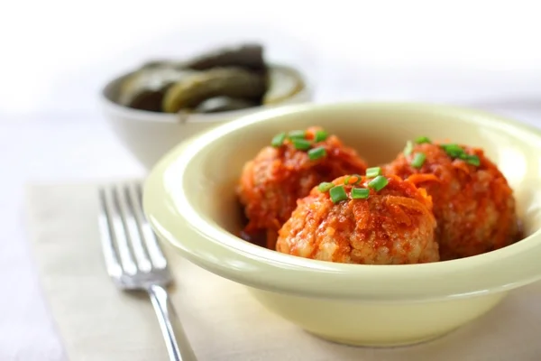 Meatballs with rice and tomato sauce — Stock Photo, Image