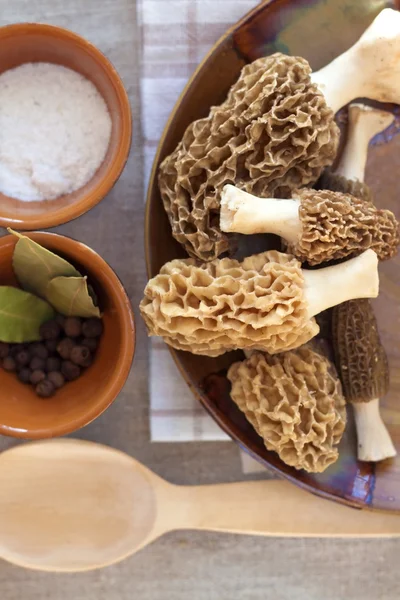 Champiñones frescos de morel en un plato —  Fotos de Stock