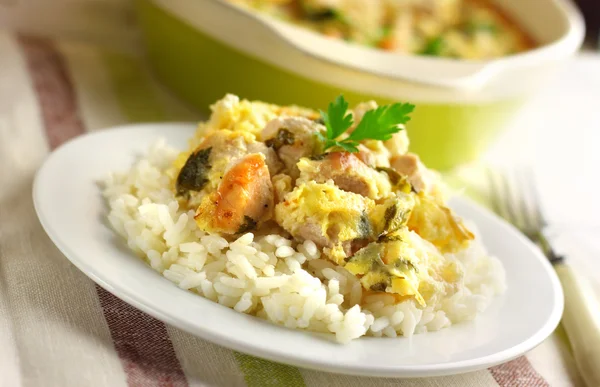 Chicken breast and cauliflower casserole with rice — Stock Photo, Image