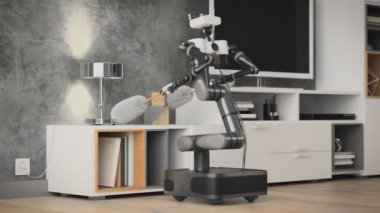 Daireyi robot bir asistan temizliyor. Otomatik temizleyici ev yardımcısı. 3d oluşturma