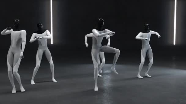 춤추는 로봇 테슬라. 휴머노이드는 자유롭게 음악으로 이동 합니다. 3d 렌더링 — 비디오