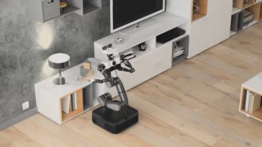 Robot televizyon sehpasının tozunu alıyor. Robot ev yardımcısı. 3d oluşturma